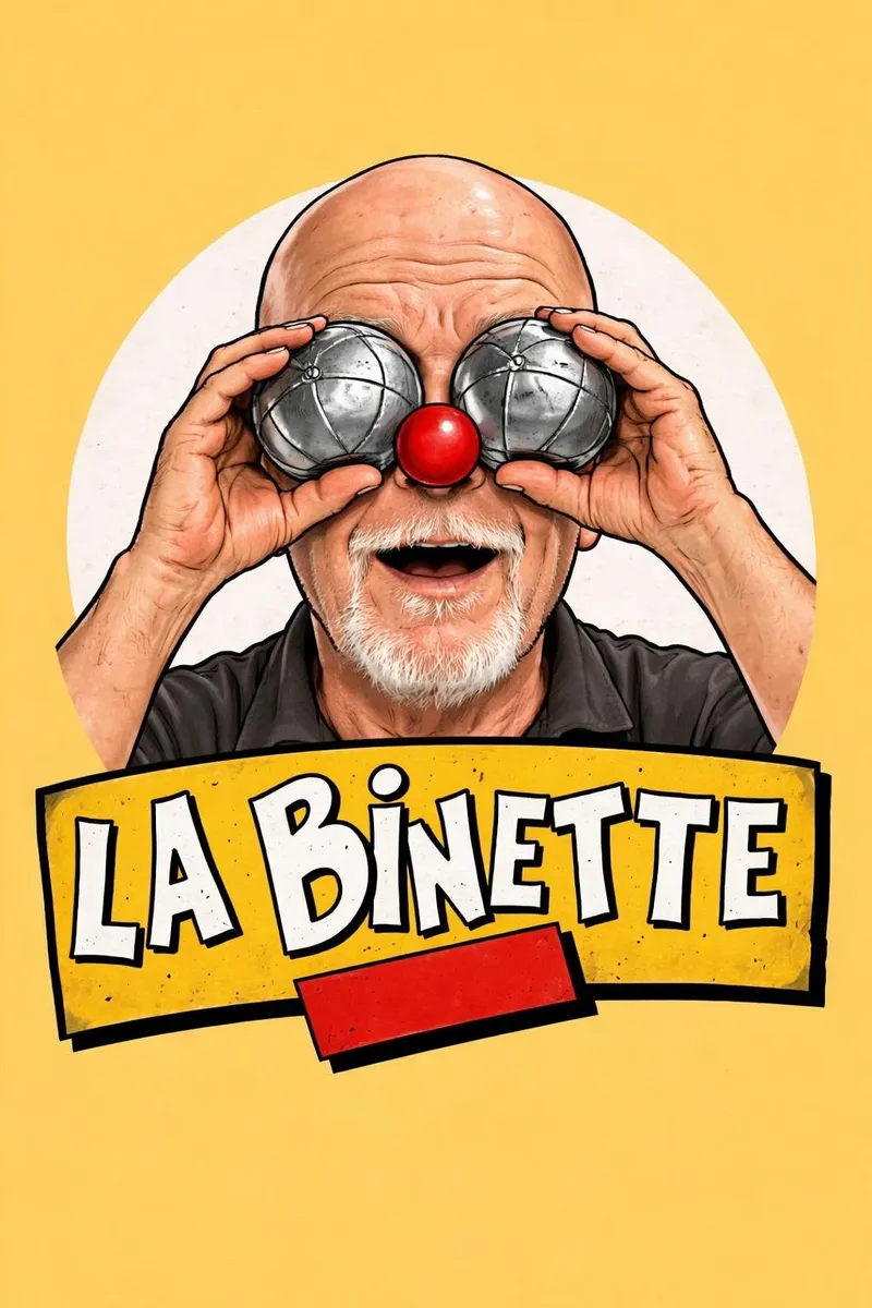 La mascotte de la Binette : un joueur qui tient deux boules de pétanque devant ses yeux
